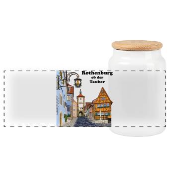 Rothenburg ob der Tauber, Bavaria, Drawing - Panoramic Cookie Jar with Wooden Lid - white - Front