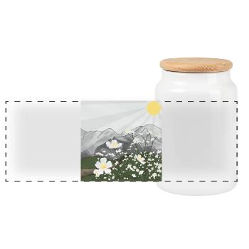 Weiße Blumen-Wiese vor Bergpanorama im Frühling - Panorama Keksdose mit Holzdeckel - Weiß - Vorne