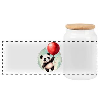Panda Bear with Balloon - Panoramic Cookie Jar with Wooden Lid - white - Front
