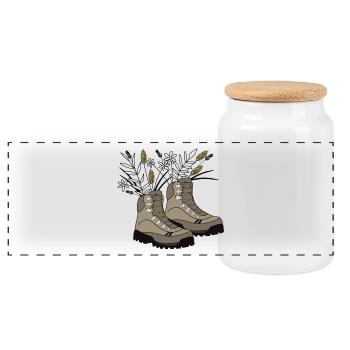 Hiking boots filled with meadow flowers - Panoramic Cookie Jar with Wooden Lid - white - Front