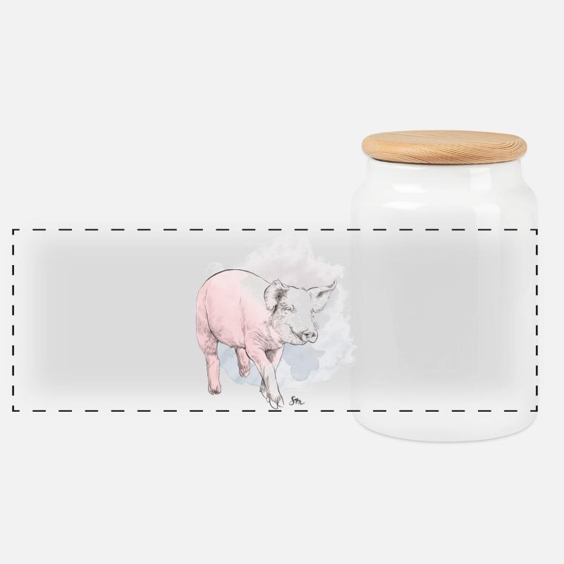 Niedliches Schwein vor buntem Klecks - Panorama Keksdose mit Holzdeckel - Weiß
