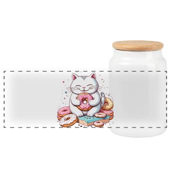 Cat Eating Donuts, Foodie Cat Humor - Panoramic Cookie Jar with Wooden Lid - white - Front