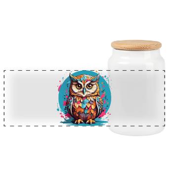 Adorable owl on splashes of color - Panoramic Cookie Jar with Wooden Lid - white - Front
