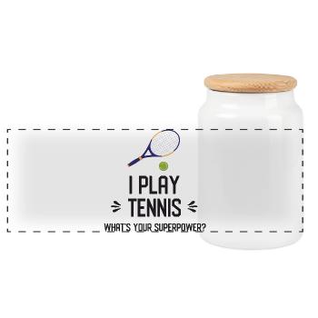 Je joue au tennis. Quel est votre superpouvoir ? - Boîte à biscuits avec couvercle en bois - blanc - Devant
