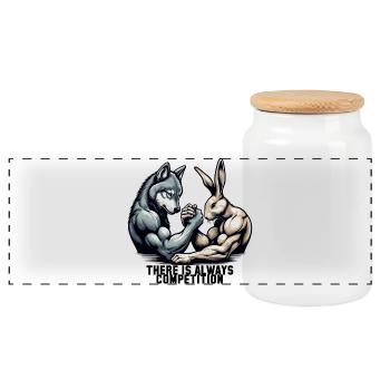 Armwrestling Arm Wrestling Wolf and Bunny Gift - Panoramic Cookie Jar with Wooden Lid - white - Front