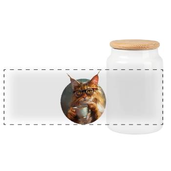 Illustration of Cat with its Coffee Cup - Panoramic Cookie Jar with Wooden Lid - white - Front