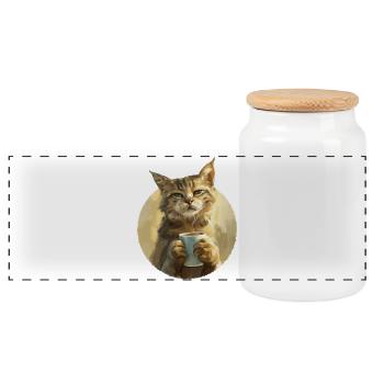 Illustration de Chat avec sa tasse de café - Boîte à biscuits avec couvercle en bois - blanc - Devant