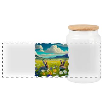 large flower meadow with wild rabbits - Panoramic Cookie Jar with Wooden Lid - white - Front