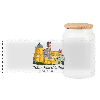 Portugal, Palacio da Pena, Sintra Hand Drawing - Panoramic Cookie Jar with Wooden Lid - white - Front