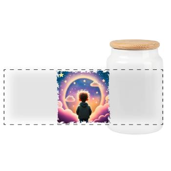 Boy looking into the distance star background - Panoramic Cookie Jar with Wooden Lid - white - Front