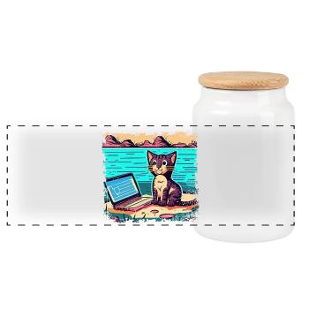 Chat avec ordinateur portable - Boîte à biscuits avec couvercle en bois - blanc - Devant