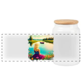 Woman sitting by the lake - vintage look - Panoramic Cookie Jar with Wooden Lid - white - Front