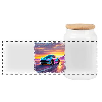 futuristisches Auto in Sonnenuntergangsfarben - Panorama Keksdose mit Holzdeckel - Weiß - Vorne