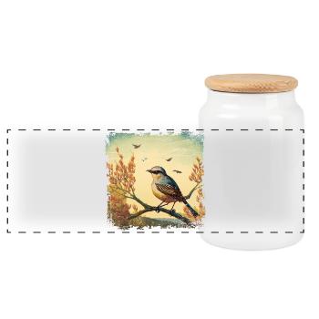 Vogel sitzt auf Ast, mediterraner Hintergrund - Panorama Keksdose mit Holzdeckel - Weiß - Vorne