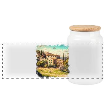 sonnige mediterrane Landschaft mit alten Häusern - Panorama Keksdose mit Holzdeckel - Weiß - Vorne