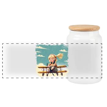Mädchen sitzt auf einem Doppeldecker | Fantasy - Panorama Keksdose mit Holzdeckel - Weiß - Vorne