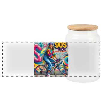 90S Ride Grove on Wheels - girls on bike - Panoramic Cookie Jar with Wooden Lid - white - Front
