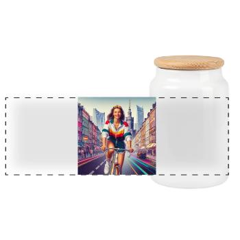 Warschau Radfahren Retro Girl Ikonischer Stil der 80er Jahre - Panorama Keksdose mit Holzdeckel - Weiß - Vorne