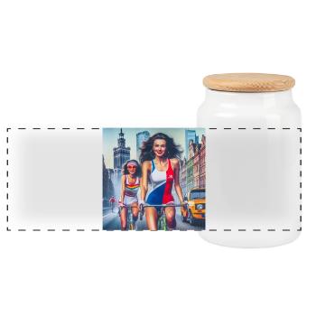 Two girls cycling in retro Warsaw - 80s style - Panoramic Cookie Jar with Wooden Lid - white - Front