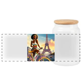 Beautiful Girl on a Bike, Eiffel Tower - Panoramic Cookie Jar with Wooden Lid - white - Front