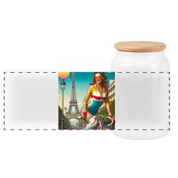 Belle jeune fille à vélo devant la tour Eiffel - Boîte à biscuits avec couvercle en bois - blanc - Devant