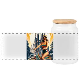 Barcelone rétro : Belle fille à vélo - Boîte à biscuits avec couvercle en bois - blanc - Devant