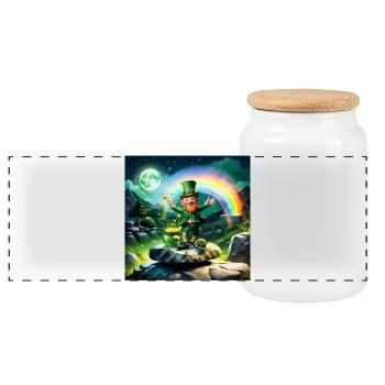 Lustiger glücklicher Kobold mit Regenbogen im Hintergrund. - Panorama Keksdose mit Holzdeckel - Weiß - Vorne