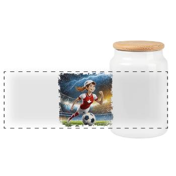 Female footballer cartoon character stadium with lightning bolts - Panoramic Cookie Jar with Wooden Lid - white - Front