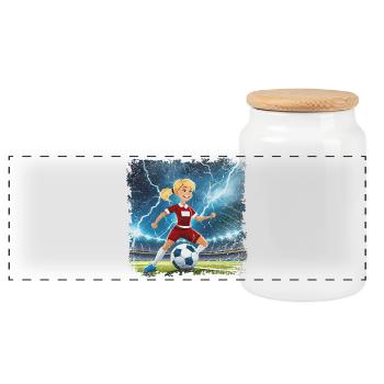 Stade de personnage de dessin animé de footballeuse avec des éclairs - Boîte à biscuits avec couvercle en bois - blanc - Devant