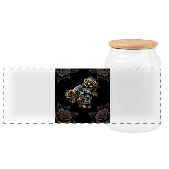 Atemberaubender dunkler Steampunk Totenkopf mit Rosen - Panorama Keksdose mit Holzdeckel - Weiß - Vorne