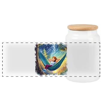 Fille sur hamac, se détendre, avec des flashs - Boîte à biscuits avec couvercle en bois - blanc - Devant