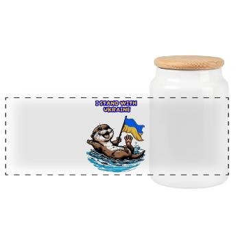 Cute Otter Baby with Ukraine Flag - Panoramic Cookie Jar with Wooden Lid - white - Front