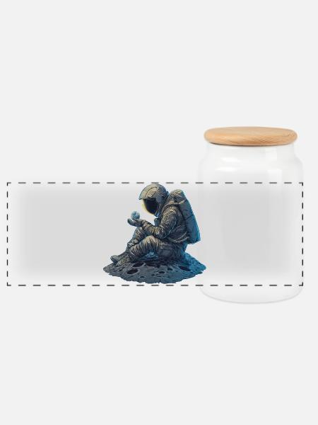 An astronaut observes the Earth - Panoramic Cookie Jar with Wooden Lid - white