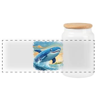 Blauwal springt aus dem Wasser und lächelt - Panorama Keksdose mit Holzdeckel - Weiß - Vorne