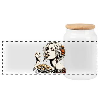 Pelmeni beautiful blonde woman eats gift - Panoramic Cookie Jar with Wooden Lid - white - Front