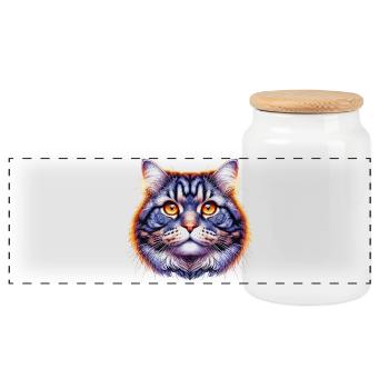 Cat - Panoramic Cookie Jar with Wooden Lid - white - Front