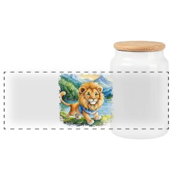 Mignon jeune lion jouant joyeusement au bord de la rivière - Boîte à biscuits avec couvercle en bois - blanc - Devant