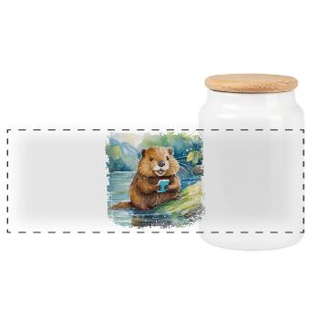 Cute young beaver with mobile phone - Panoramic Cookie Jar with Wooden Lid - white - Front