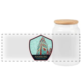 City Hall Tower in Hamburg, Germany - Panoramic Cookie Jar with Wooden Lid - white - Front