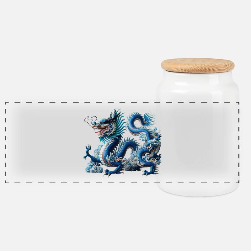 Blauer Drachen im Wolkenfluss - Panorama Keksdose mit Holzdeckel - Weiß