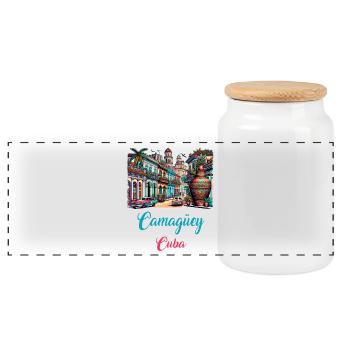 Camagüey Cuba city vacation design - Panoramic Cookie Jar with Wooden Lid - white - Front