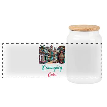Camagüey Cuba city vacation design - Panoramic Cookie Jar with Wooden Lid - white - Front
