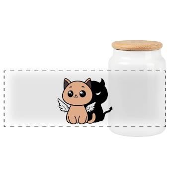 Angel Cat with a Devil Shadow - Panoramic Cookie Jar with Wooden Lid - white - Front