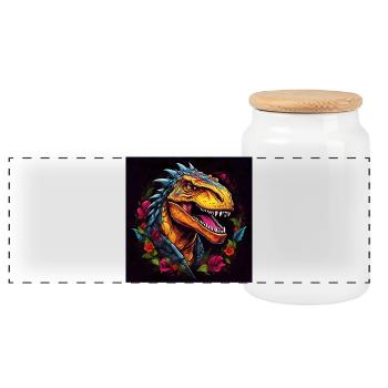 Plakat bunter Tyrannosaurus Rex T-Rex - Panorama Keksdose mit Holzdeckel - Weiß - Vorne
