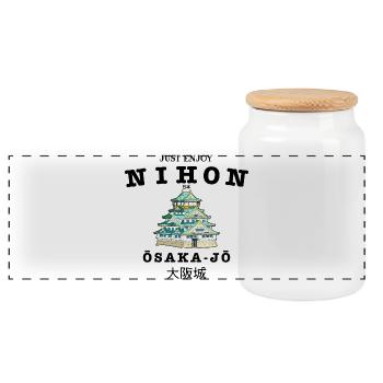 Château d’Osaka, Japon, dessin à la main - Boîte à biscuits avec couvercle en bois - blanc - Devant