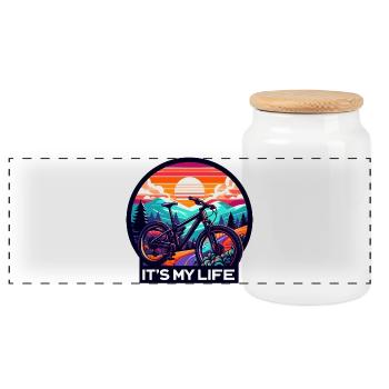 Sunset Mountain Bike Adventure Design - Panoramic Cookie Jar with Wooden Lid - white - Front