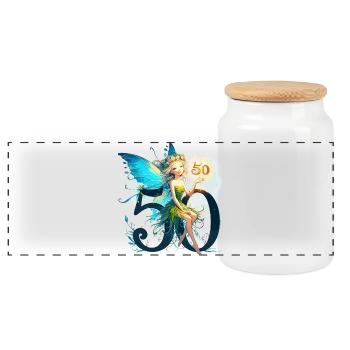 50 Years Fairy Elf Cute Birthday Gift - Panoramic Cookie Jar with Wooden Lid - white - Front