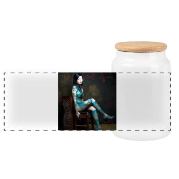 Portrait Frau 05 Tattoo - Panorama Keksdose mit Holzdeckel - Weiß - Vorne