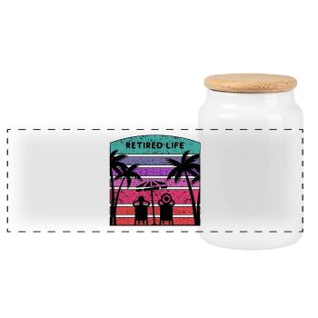 Retired life with beach and palm trees. - Panoramic Cookie Jar with Wooden Lid - white - Front