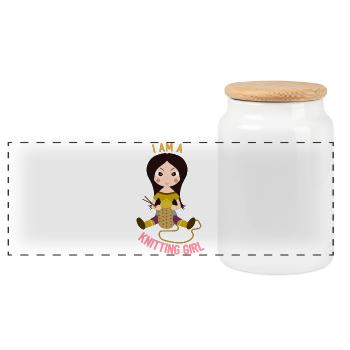 I am a Knitting Girl - Panoramic Cookie Jar with Wooden Lid - white - Front
